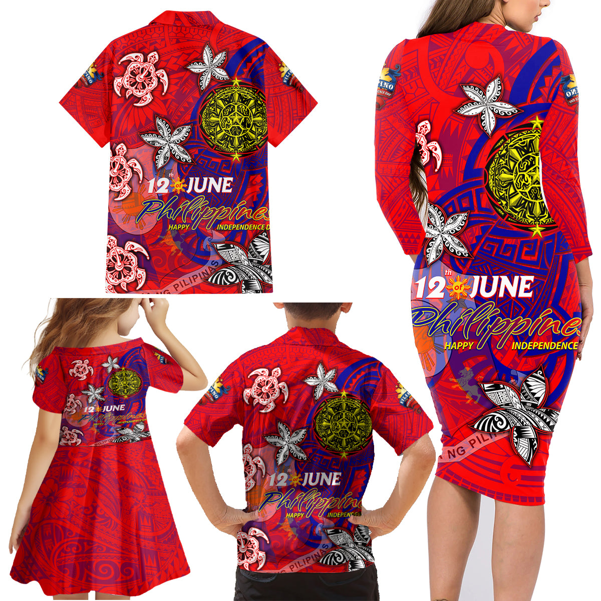 Personalized Philippines 12 June Independence Day Family Matching Long Sleeve Bodycon Dress and Hawaiian Shirt Polynesian Turtle Plumeria DT02 - Polynesian Pride