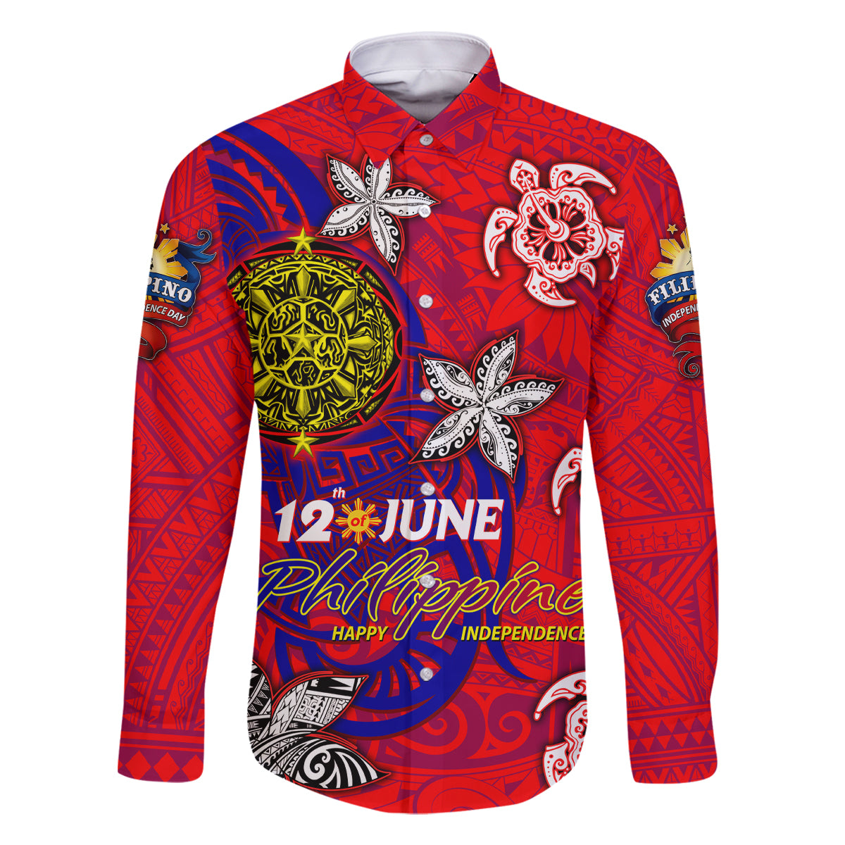Personalized Philippines 12 June Independence Day Family Matching Mermaid Dress and Hawaiian Shirt Polynesian Turtle Plumeria DT02 Dad's Shirt - Long Sleeve Red - Polynesian Pride