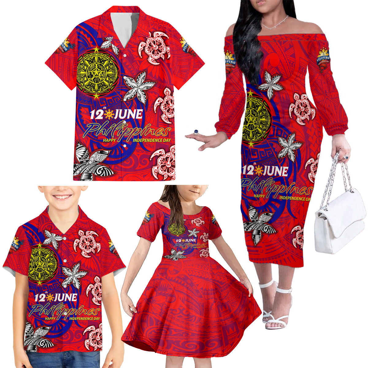Personalized Philippines 12 June Independence Day Family Matching Off The Shoulder Long Sleeve Dress and Hawaiian Shirt Polynesian Turtle Plumeria DT02 - Polynesian Pride