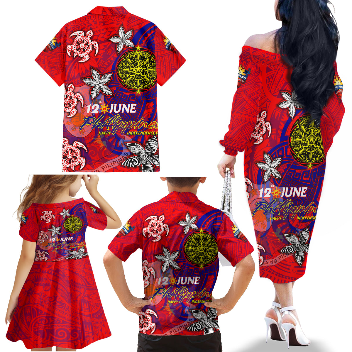 Personalized Philippines 12 June Independence Day Family Matching Off The Shoulder Long Sleeve Dress and Hawaiian Shirt Polynesian Turtle Plumeria DT02 - Polynesian Pride