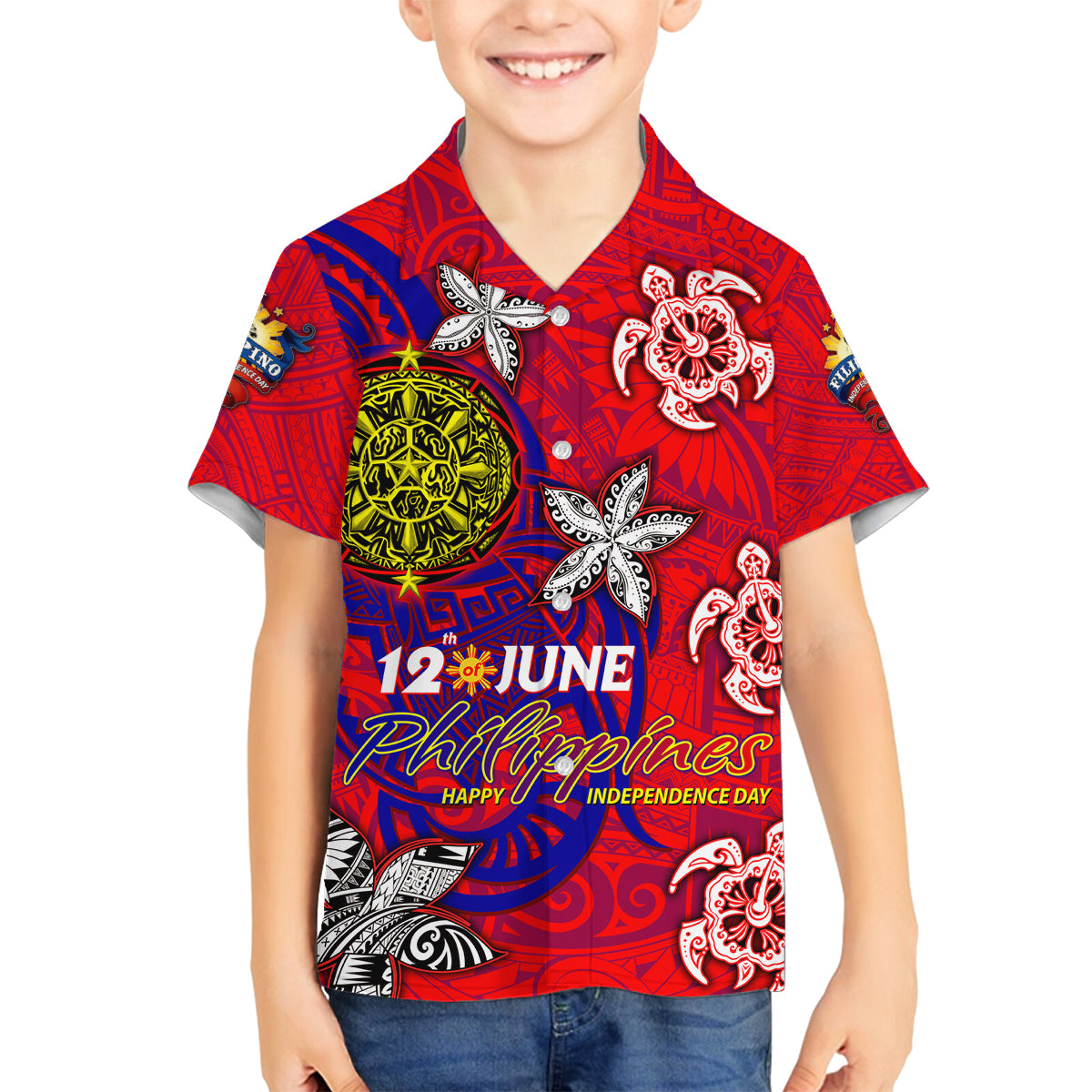 Personalized Philippines 12 June Independence Day Family Matching Off The Shoulder Long Sleeve Dress and Hawaiian Shirt Polynesian Turtle Plumeria DT02 Son's Shirt Red - Polynesian Pride
