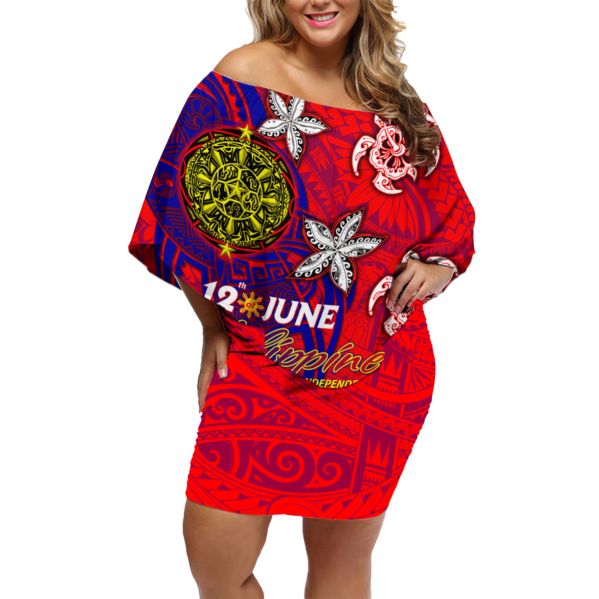 Personalized Philippines 12 June Independence Day Family Matching Off Shoulder Short Dress and Hawaiian Shirt Polynesian Turtle Plumeria