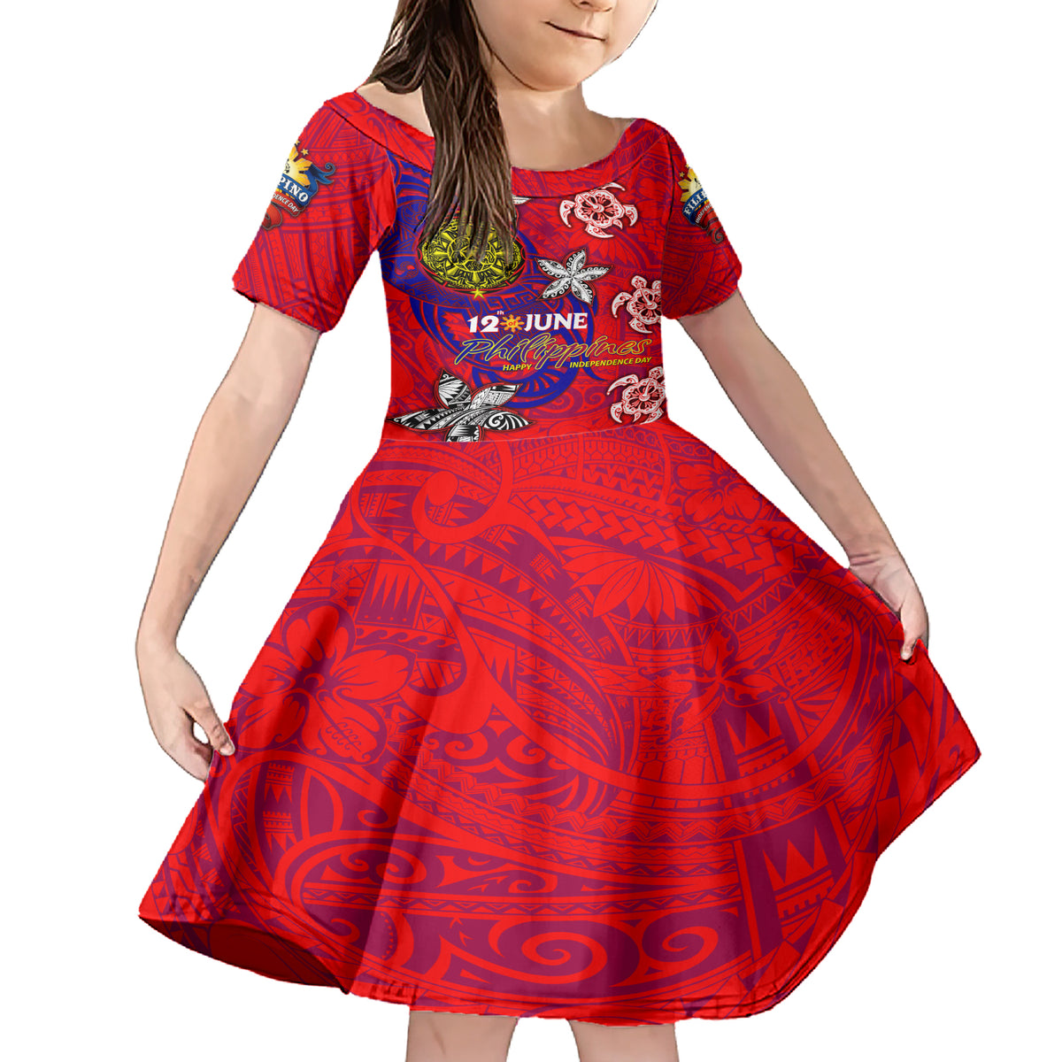Personalized Philippines 12 June Independence Day Family Matching Short Sleeve Bodycon Dress and Hawaiian Shirt Polynesian Turtle Plumeria DT02 Daughter's Dress Red - Polynesian Pride