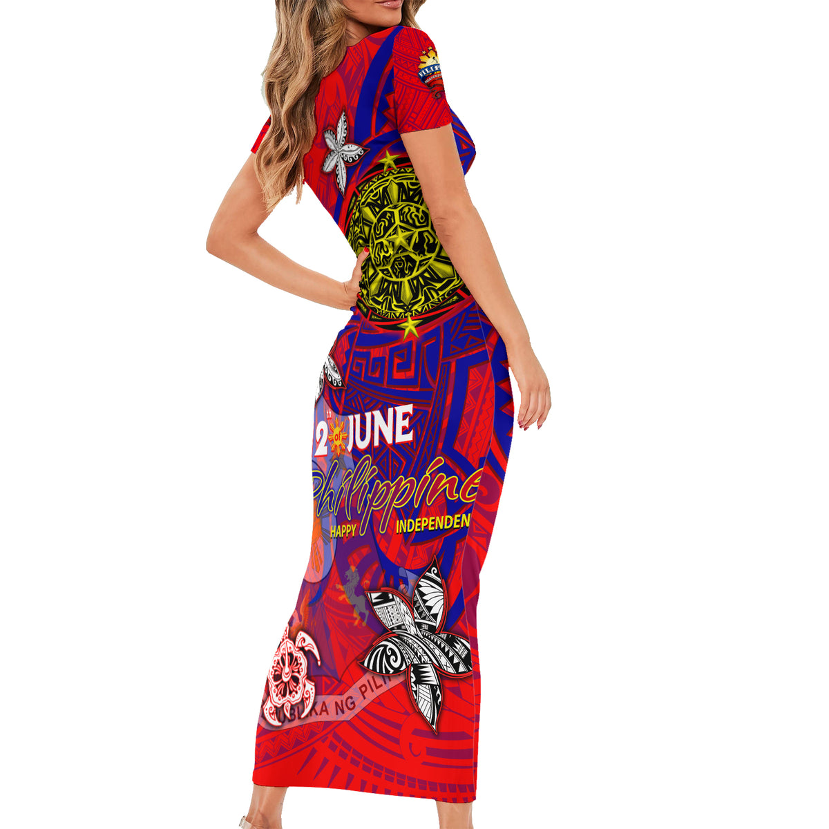 Personalized Philippines 12 June Independence Day Short Sleeve Bodycon Dress Polynesian Turtle Plumeria
