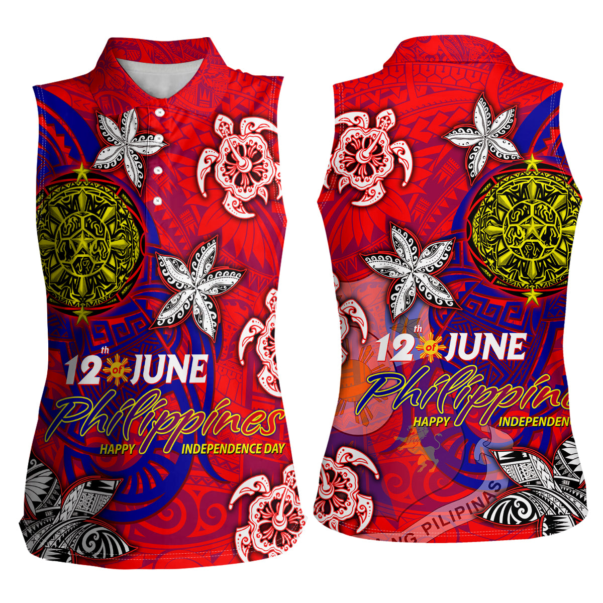 Personalized Philippines 12 June Independence Day Women Sleeveless Polo Shirt Polynesian Turtle Plumeria