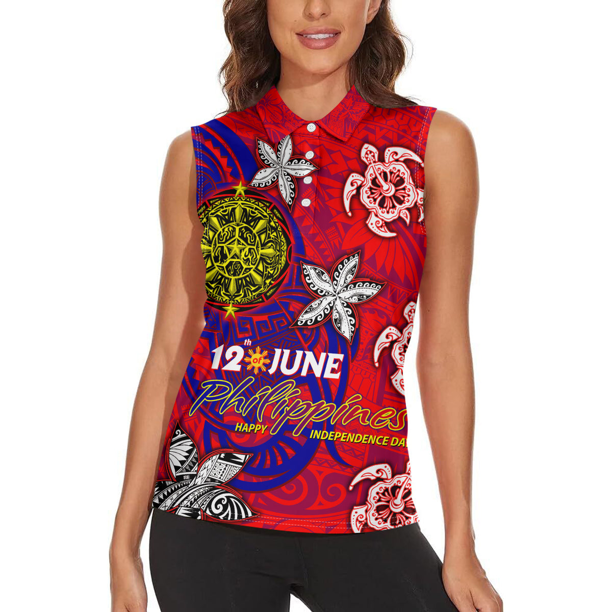 Personalized Philippines 12 June Independence Day Women Sleeveless Polo Shirt Polynesian Turtle Plumeria
