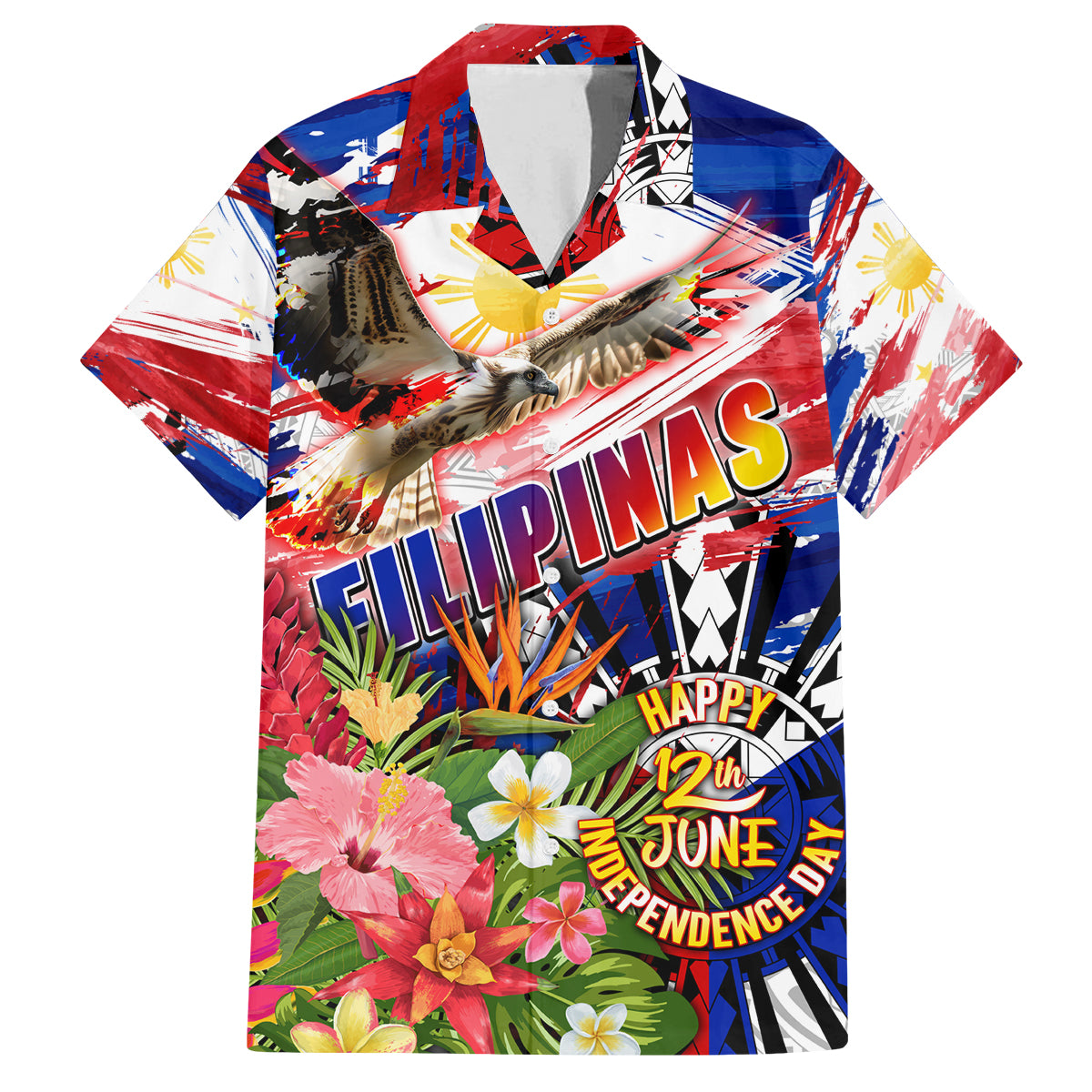 Personalized Philippines Independence Day Family Matching Off Shoulder Short Dress and Hawaiian Shirt Polynesia Filipinas Eagle Hibiscus