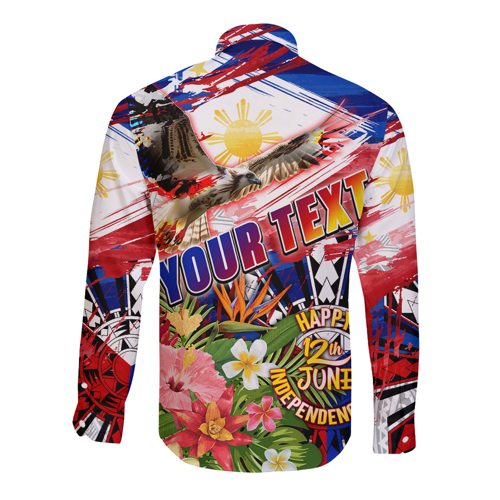 Personalized Philippines Independence Day Long Sleeve Button Shirt Polynesia Filipinas Eagle Hibiscus