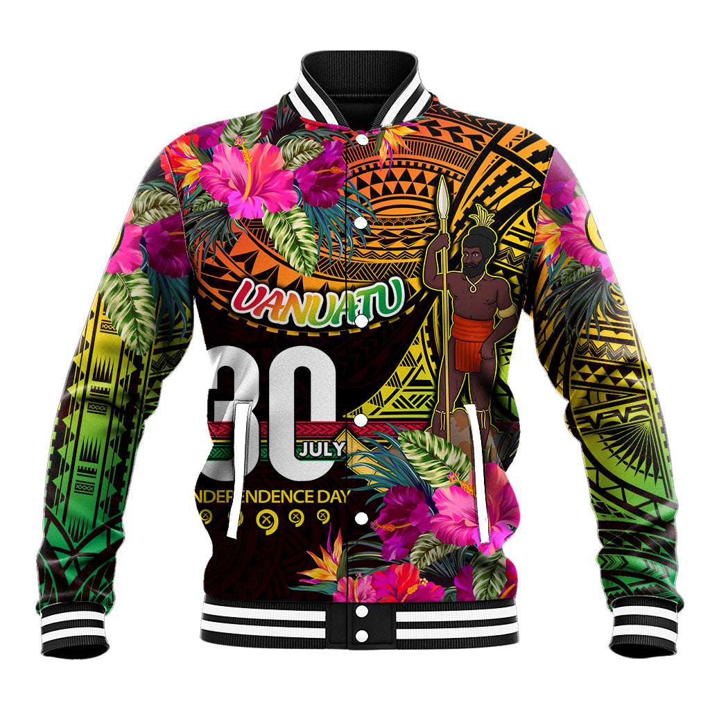 Personalised Vanuatu Independence Day 30 July Baseball Jacket Hibiscus Polynesian Pattern