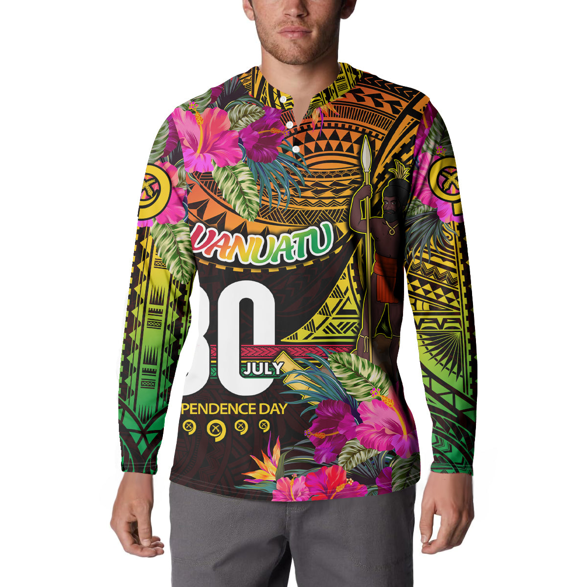 Personalised Vanuatu Independence Day 30 July Button Sweatshirt Hibiscus Polynesian Pattern