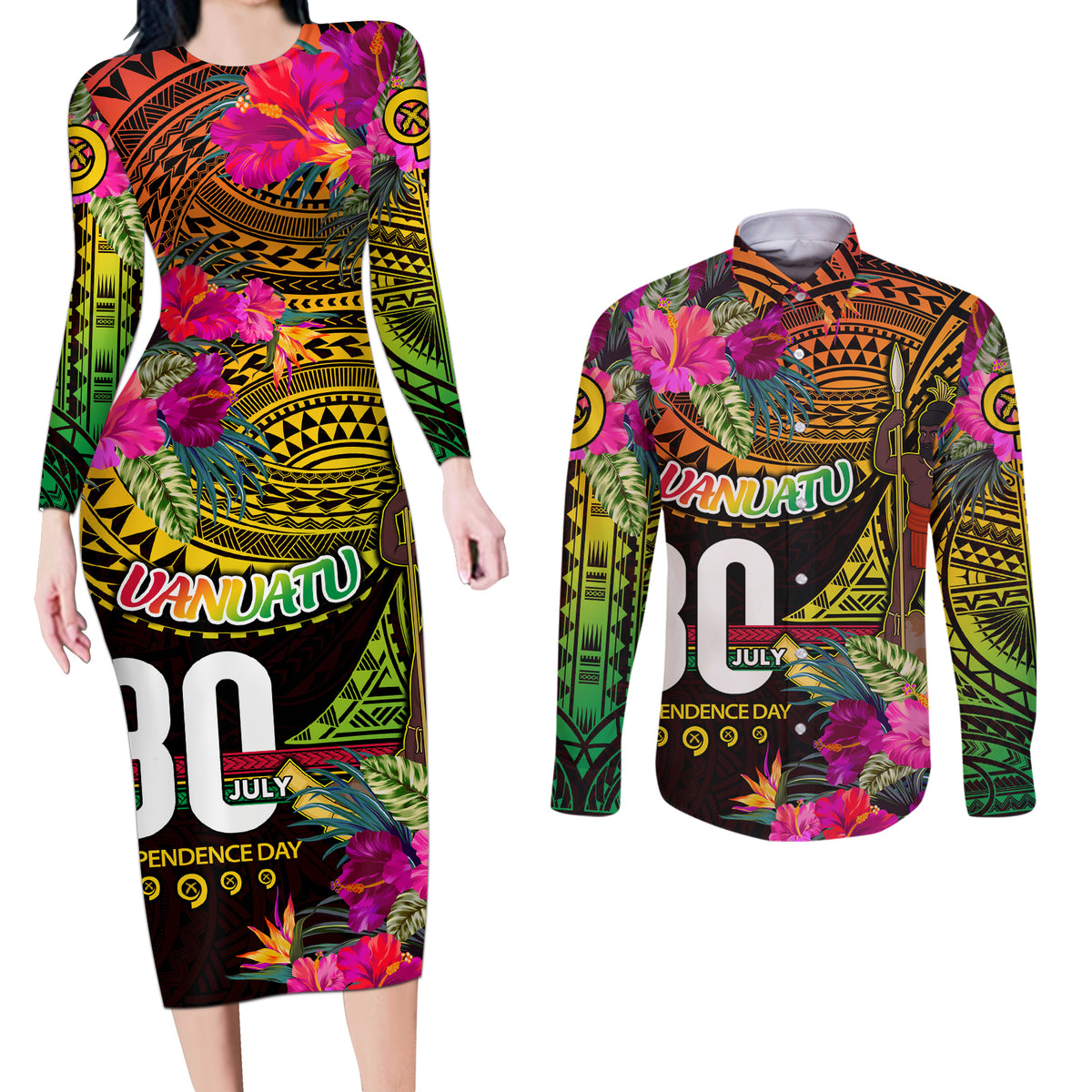 Personalised Vanuatu Independence Day 30 July Couples Matching Long Sleeve Bodycon Dress and Long Sleeve Button Shirt Hibiscus Polynesian Pattern