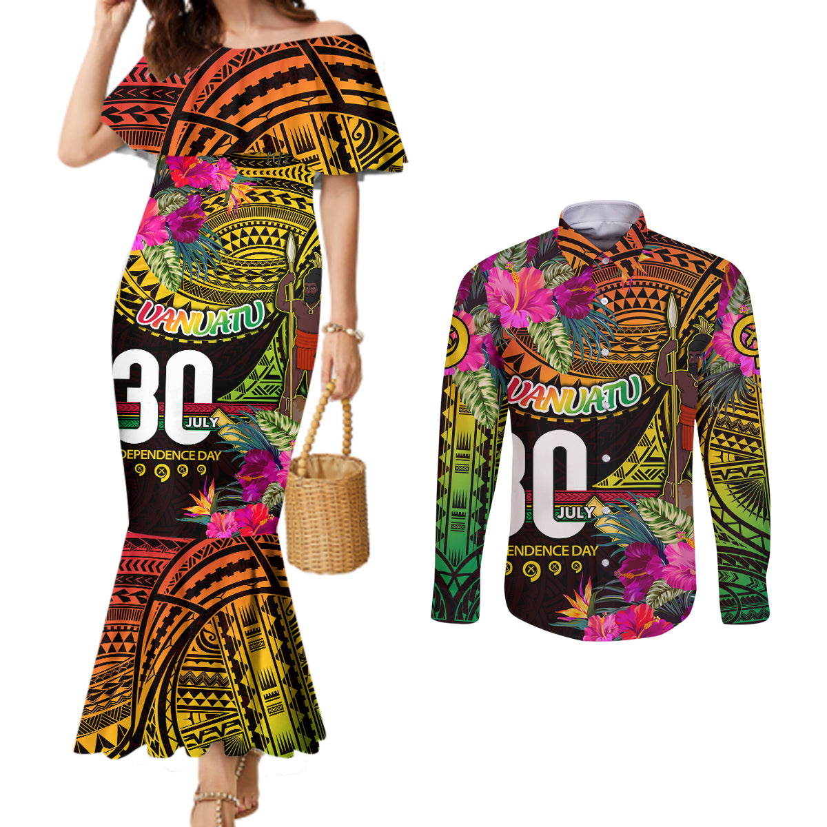 Personalised Vanuatu Independence Day 30 July Couples Matching Mermaid Dress and Long Sleeve Button Shirt Hibiscus Polynesian Pattern