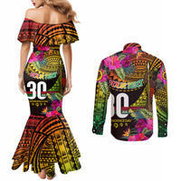 Personalised Vanuatu Independence Day 30 July Couples Matching Mermaid Dress and Long Sleeve Button Shirt Hibiscus Polynesian Pattern