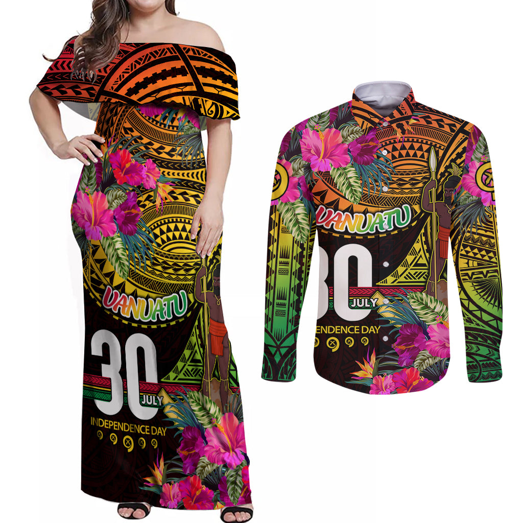 Personalised Vanuatu Independence Day 30 July Couples Matching Off Shoulder Maxi Dress and Long Sleeve Button Shirt Hibiscus Polynesian Pattern