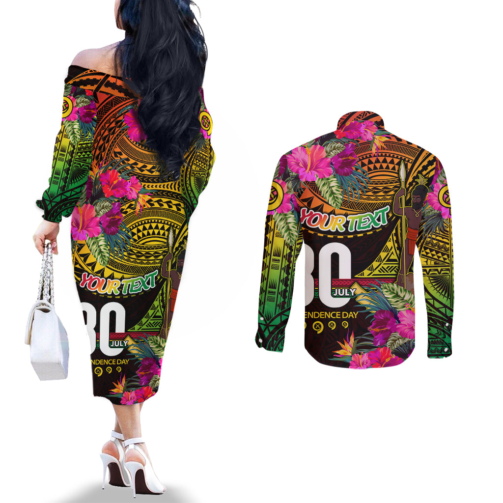Personalised Vanuatu Independence Day 30 July Couples Matching Off The Shoulder Long Sleeve Dress and Long Sleeve Button Shirt Hibiscus Polynesian Pattern