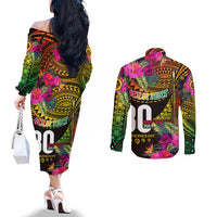 Personalised Vanuatu Independence Day 30 July Couples Matching Off The Shoulder Long Sleeve Dress and Long Sleeve Button Shirt Hibiscus Polynesian Pattern