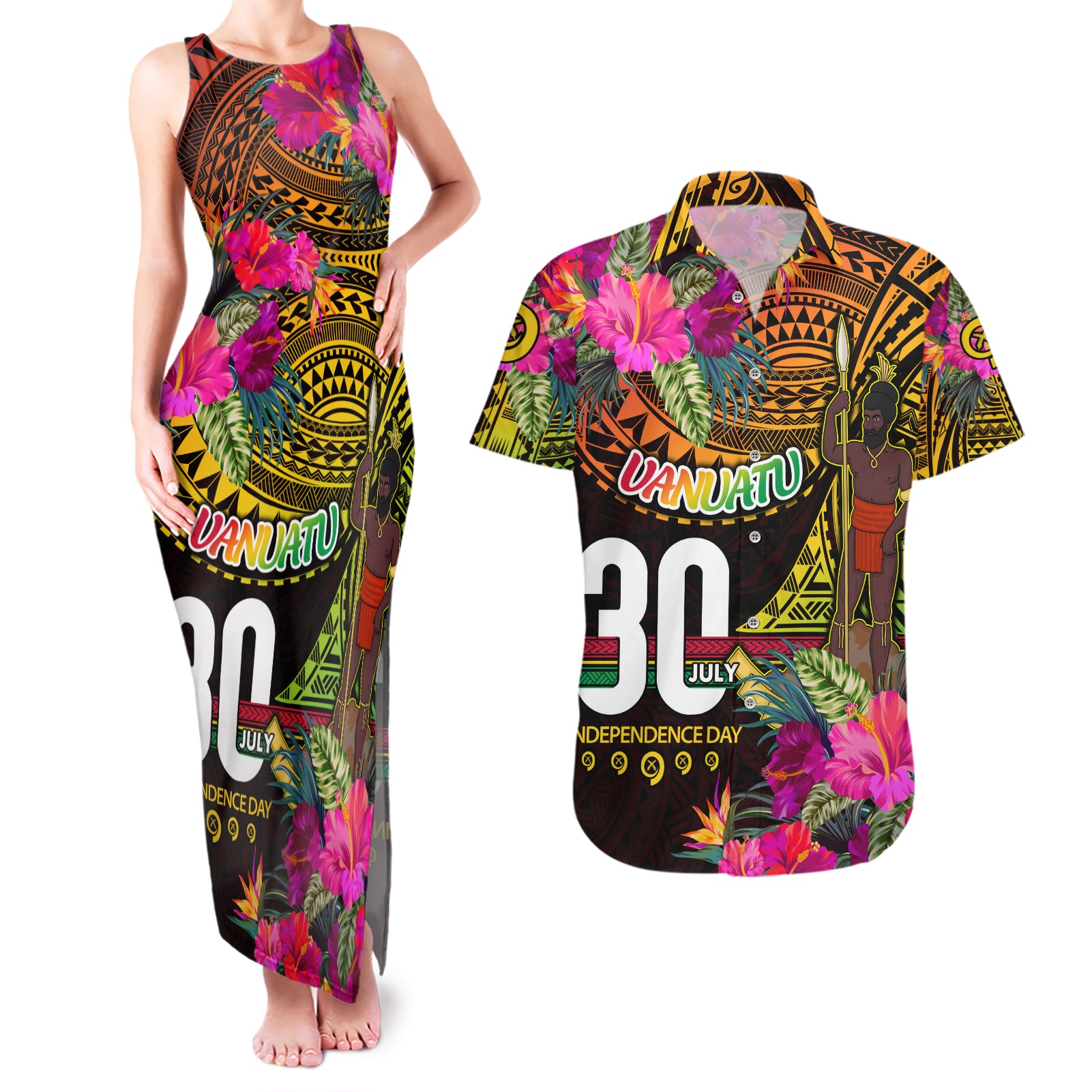 Personalised Vanuatu Independence Day 30 July Couples Matching Tank Maxi Dress and Hawaiian Shirt Hibiscus Polynesian Pattern