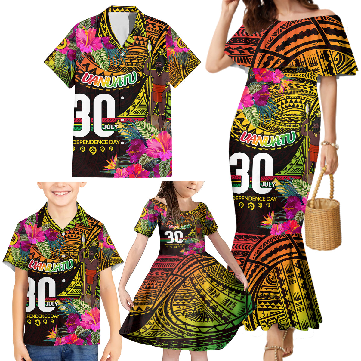 Personalised Vanuatu Independence Day 30 July Family Matching Mermaid Dress and Hawaiian Shirt Hibiscus Polynesian Pattern
