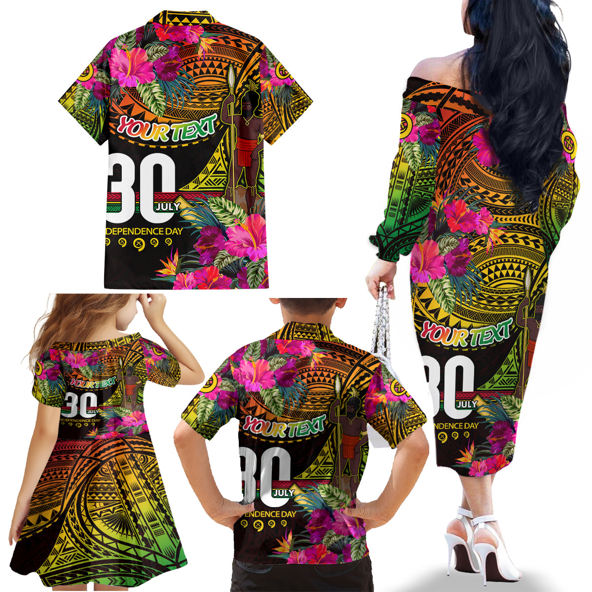 Personalised Vanuatu Independence Day 30 July Family Matching Off The Shoulder Long Sleeve Dress and Hawaiian Shirt Hibiscus Polynesian Pattern DT02 - Polynesian Pride