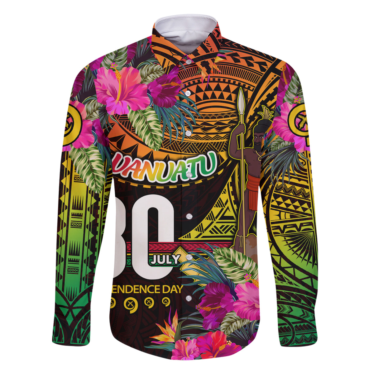 Personalised Vanuatu Independence Day 30 July Family Matching Off The Shoulder Long Sleeve Dress and Hawaiian Shirt Hibiscus Polynesian Pattern DT02 Dad's Shirt - Long Sleeve Yellow - Polynesian Pride