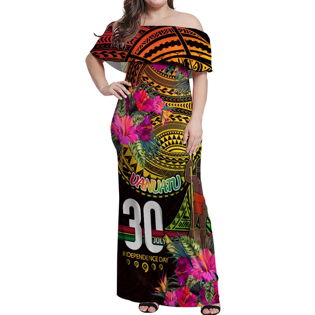 Personalised Vanuatu Independence Day 30 July Off Shoulder Maxi Dress Hibiscus Polynesian Pattern
