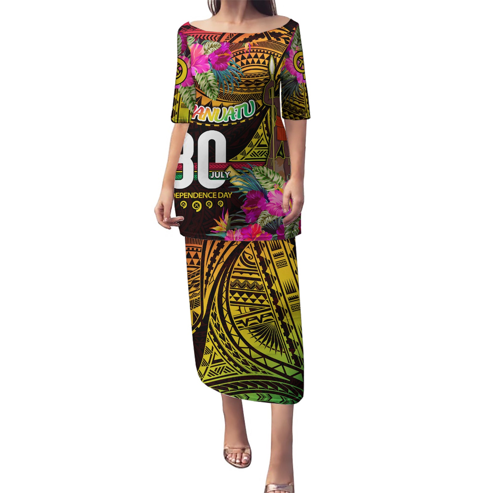 Personalised Vanuatu Independence Day 30 July Puletasi Hibiscus Polynesian Pattern