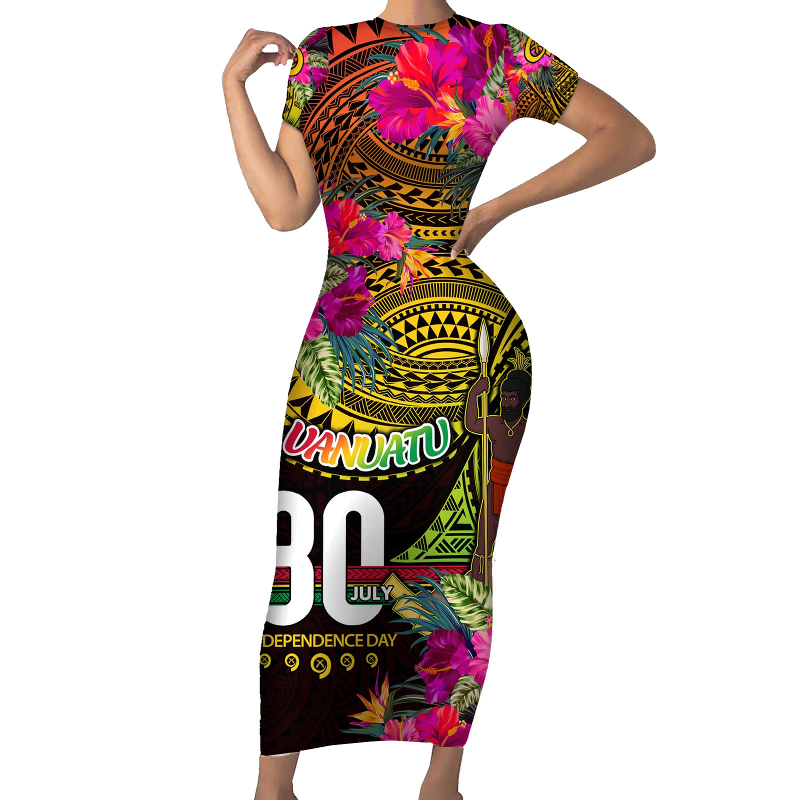 Personalised Vanuatu Independence Day 30 July Short Sleeve Bodycon Dress Hibiscus Polynesian Pattern
