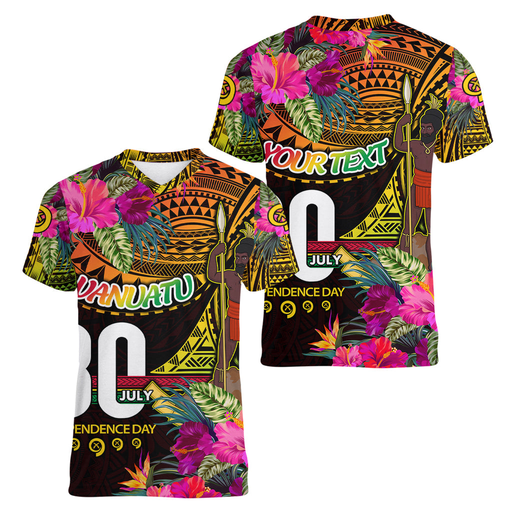 Personalised Vanuatu Independence Day 30 July Women V-Neck T-Shirt Hibiscus Polynesian Pattern