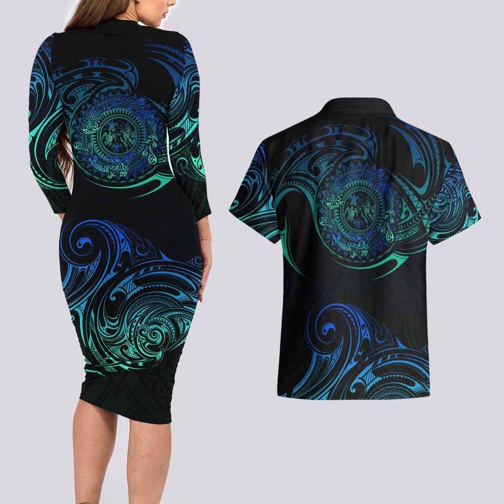 Sea Animal Polynesia Couples Matching Long Sleeve Bodycon Dress and Hawaiian Shirt Polynesian Pattern DT02 - Polynesian Pride