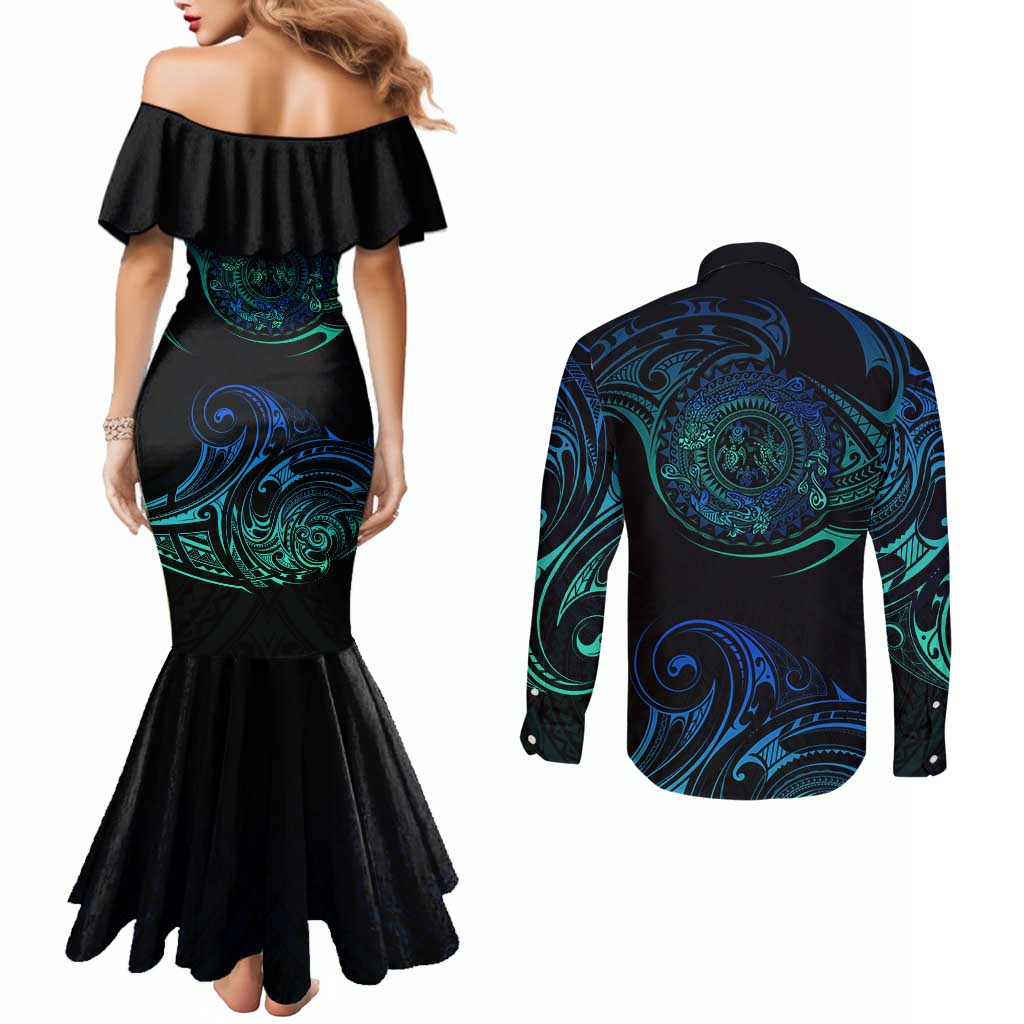 Sea Animal Polynesia Couples Matching Mermaid Dress and Long Sleeve Button Shirt Polynesian Pattern