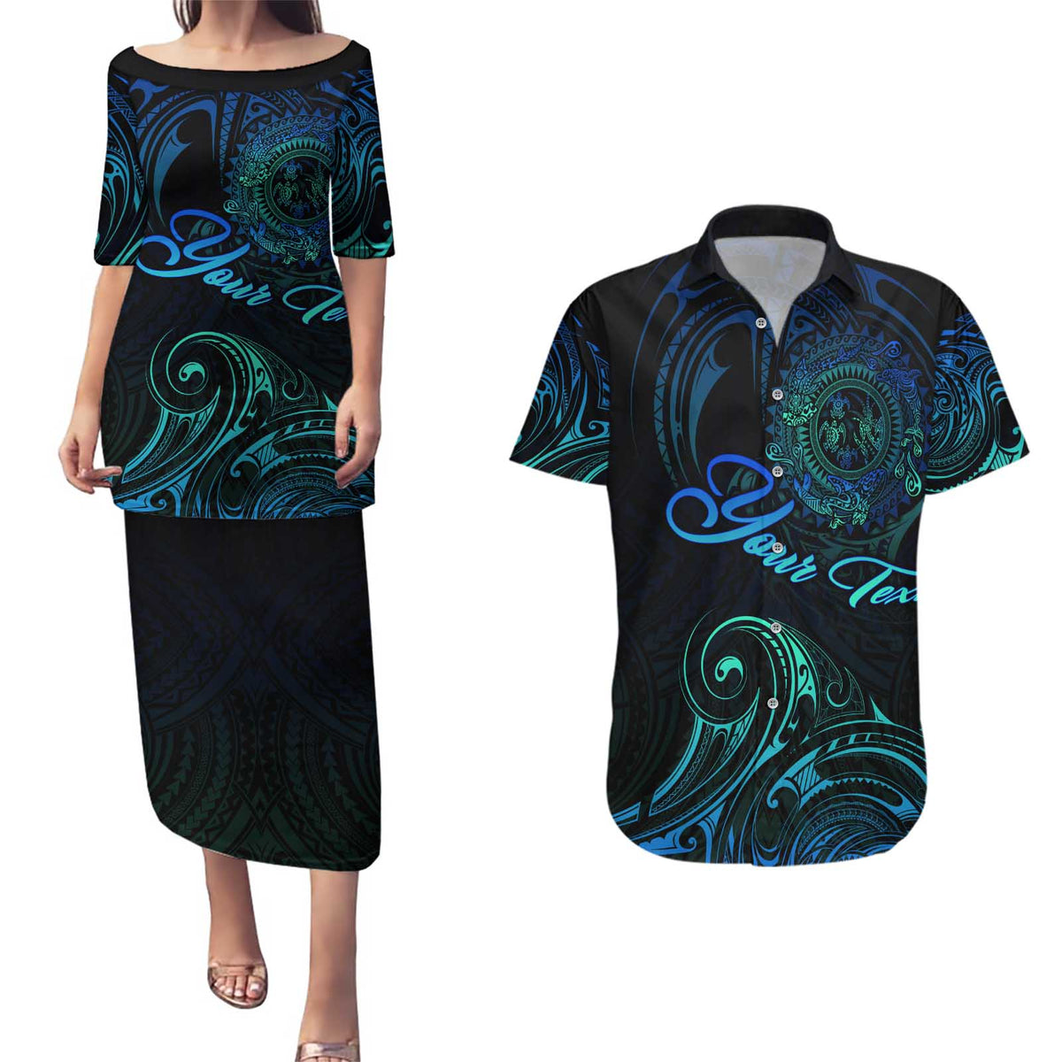 Sea Animal Polynesia Couples Matching Puletasi and Hawaiian Shirt Polynesian Pattern DT02 Black - Polynesian Pride