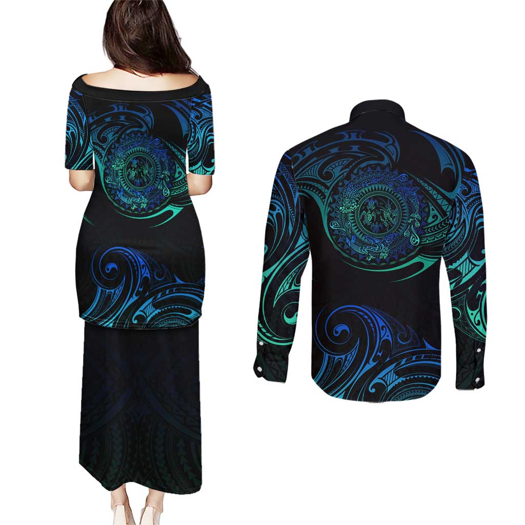Sea Animal Polynesia Couples Matching Puletasi and Long Sleeve Button Shirt Polynesian Pattern