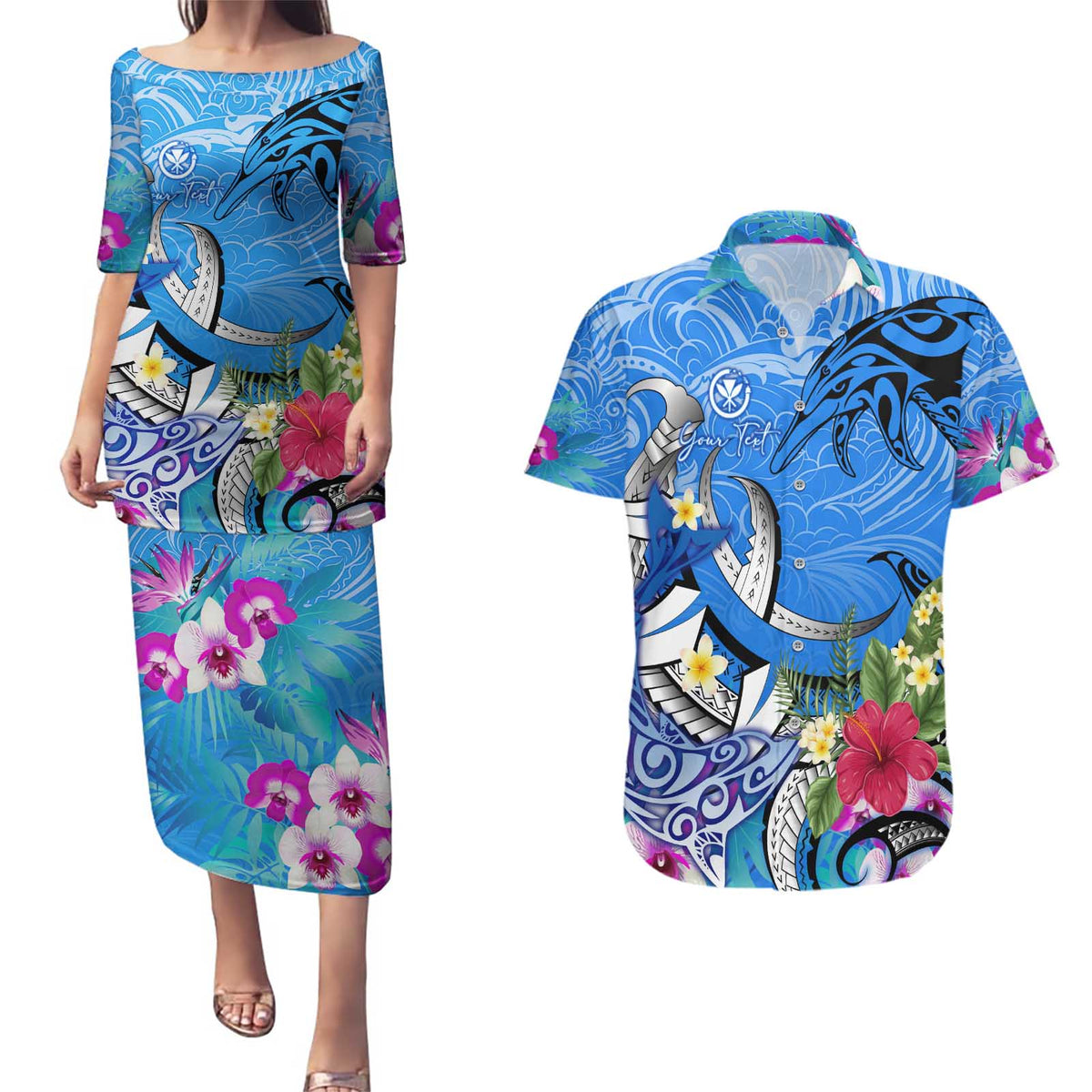 Aloha Hawaii Couples Matching Puletasi and Hawaiian Shirt Dolphins and Fish Hook Hibiscus DT02 Blue - Polynesian Pride
