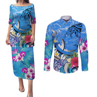 Aloha Hawaii Couples Matching Puletasi and Long Sleeve Button Shirt Dolphins and Fish Hook Hibiscus DT02 Blue - Polynesian Pride