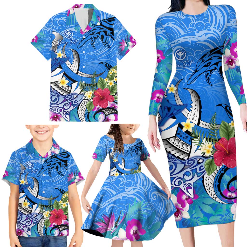 Aloha Hawaii Family Matching Long Sleeve Bodycon Dress and Hawaiian Shirt Dolphins and Fish Hook Hibiscus DT02 - Polynesian Pride
