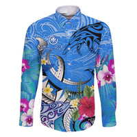 Aloha Hawaii Family Matching Long Sleeve Bodycon Dress and Hawaiian Shirt Dolphins and Fish Hook Hibiscus DT02 Dad's Shirt - Long Sleeve Blue - Polynesian Pride