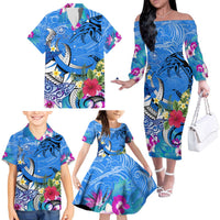 Aloha Hawaii Family Matching Off The Shoulder Long Sleeve Dress and Hawaiian Shirt Dolphins and Fish Hook Hibiscus DT02 - Polynesian Pride
