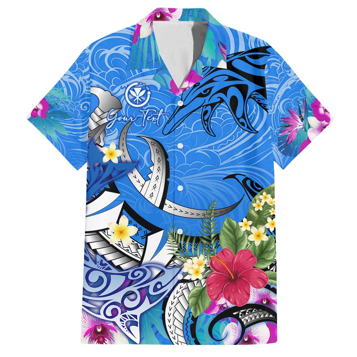 Aloha Hawaii Family Matching Off The Shoulder Long Sleeve Dress and Hawaiian Shirt Dolphins and Fish Hook Hibiscus DT02 Dad's Shirt - Short Sleeve Blue - Polynesian Pride