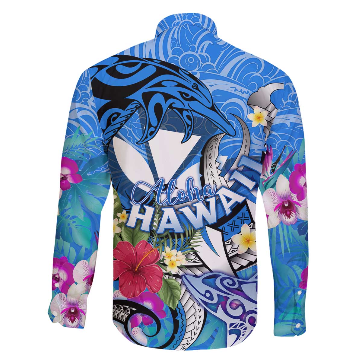 Aloha Hawaii Family Matching Off The Shoulder Long Sleeve Dress and Hawaiian Shirt Dolphins and Fish Hook Hibiscus DT02 - Polynesian Pride
