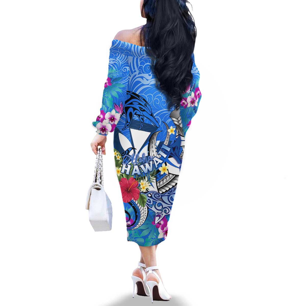 Aloha Hawaii Family Matching Off The Shoulder Long Sleeve Dress and Hawaiian Shirt Dolphins and Fish Hook Hibiscus DT02 - Polynesian Pride