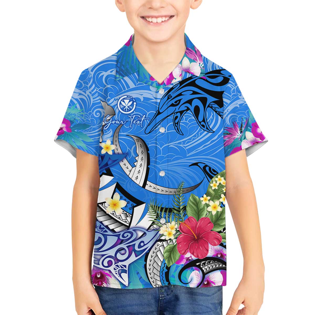 Aloha Hawaii Family Matching Off The Shoulder Long Sleeve Dress and Hawaiian Shirt Dolphins and Fish Hook Hibiscus DT02 Son's Shirt Blue - Polynesian Pride