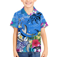 Aloha Hawaii Family Matching Off The Shoulder Long Sleeve Dress and Hawaiian Shirt Dolphins and Fish Hook Hibiscus DT02 Son's Shirt Blue - Polynesian Pride