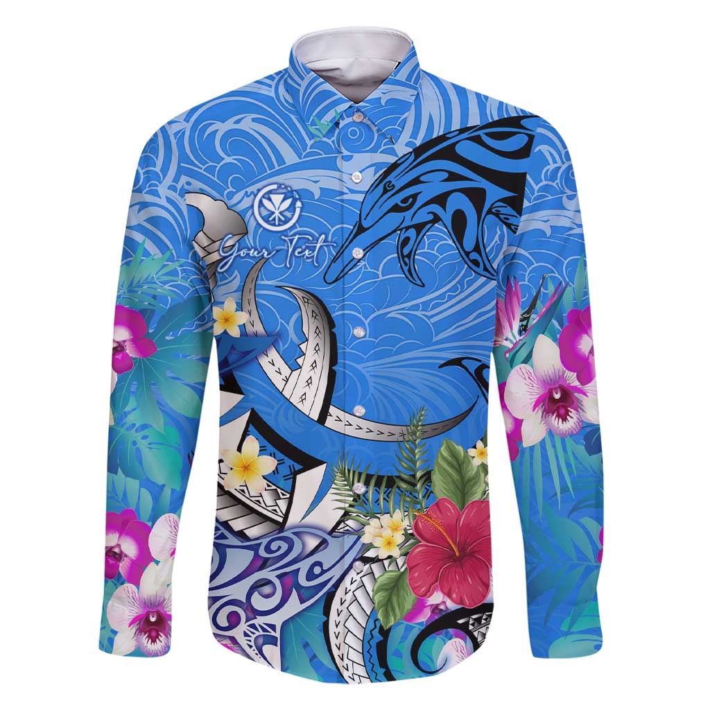 Aloha Hawaii Family Matching Short Sleeve Bodycon Dress and Hawaiian Shirt Dolphins and Fish Hook Hibiscus DT02 Dad's Shirt - Long Sleeve Blue - Polynesian Pride