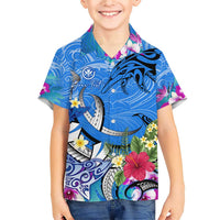 Aloha Hawaii Family Matching Short Sleeve Bodycon Dress and Hawaiian Shirt Dolphins and Fish Hook Hibiscus DT02 Son's Shirt Blue - Polynesian Pride