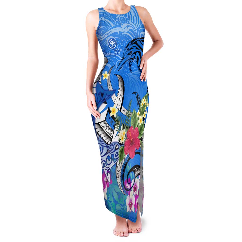 Aloha Hawaii Family Matching Tank Maxi Dress and Hawaiian Shirt Dolphins and Fish Hook Hibiscus
