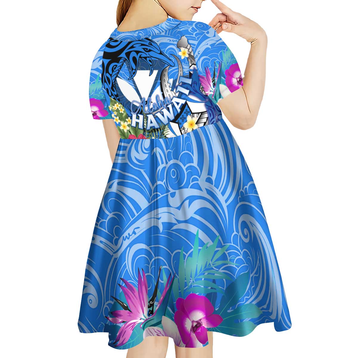 Aloha Hawaii Kid Short Sleeve Dress Dolphins and Fish Hook Hibiscus