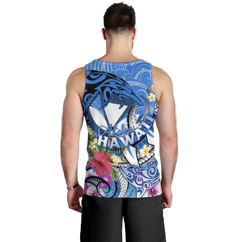Aloha Hawaii Men Tank Top Dolphins and Fish Hook Hibiscus