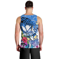 Aloha Hawaii Men Tank Top Dolphins and Fish Hook Hibiscus