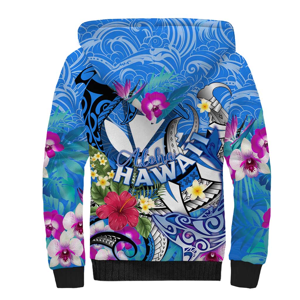Aloha Hawaii Sherpa Hoodie Dolphins and Fish Hook Hibiscus
