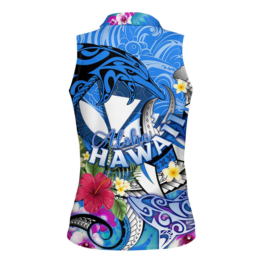 Aloha Hawaii Women Sleeveless Polo Shirt Dolphins and Fish Hook Hibiscus